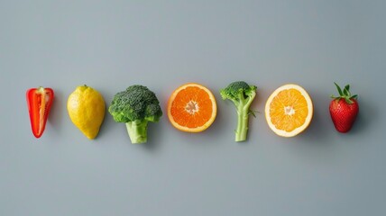 A row of fruits and vegetables including broccoli, oranges, and strawberries