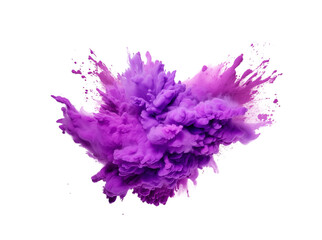 A burst of purple ink cloud erupts in the air, forming an abstract flower shape with dynamic droplets on a pure white background. Generative AI