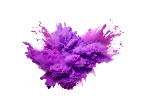 A burst of purple ink cloud erupts in the air, forming an abstract flower shape with dynamic droplets on a pure white background. Generative AI