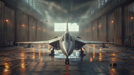 A fighter jet is parked in a hangar with a dimly lit interior - obrazy, fototapety, plakaty