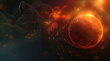 Abstract banner design with a dark backdrop and a red, orange glowing sphere with a grainy gradient...