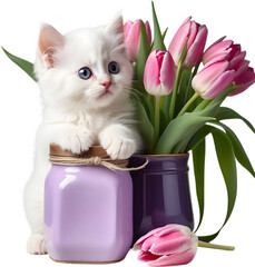 A kitten peeking out from a vintage jar full of tulips. Mother&rsquo;s Day clipart.