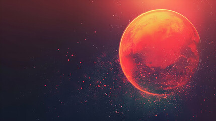 Abstract banner design with a dark backdrop and a red, orange glowing sphere with a grainy gradient background and soft blurred light.