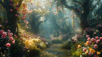 an enchanted forest in a fantasy land filled with vibrant multicolored flowers and trees peaceful...