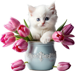 A kitten peeking out from a vintage jar full of tulips. Mother&rsquo;s Day clipart.