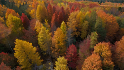 Naklejka na ściany i meble Autumn view from the sky on colorful forests in park Mauricie, Quebec, Canada 