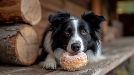 the joyous moment of a Border Collie Dog eat doughnut in special shot photography