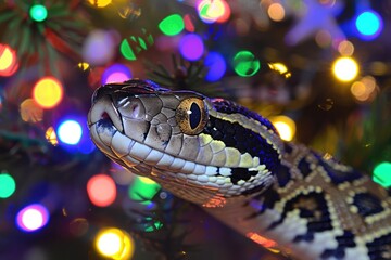 Obraz premium Snake symbol of 2025 year with Christmas tree fir branches with garland colorful lights background.