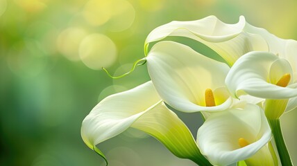 Vibrant white calla lilies with a soft focus background.