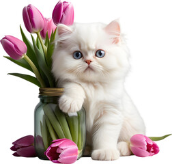 A kitten peeking out from a vintage jar full of tulips. Mother&rsquo;s Day clipart.