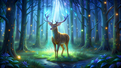 A baby deer with big horns stands in front of light like rays in the forest at night and glowing butterflies and fireflies fly by.