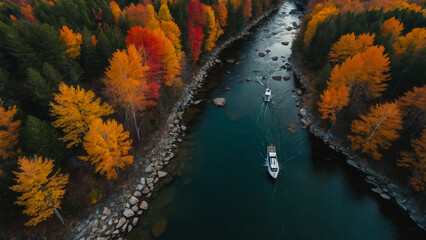Autumn view from the sky on colorful forests in park Mauricie, Quebec, Canada
