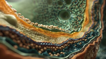 Detailed view of gallbladder layers: mucosa, muscularis, serosa, highlighting bile function