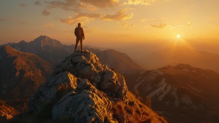 A man stands on a mountain top, looking out at the sunset
