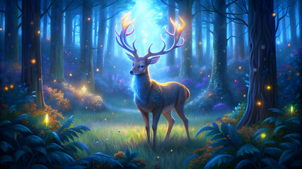 A baby deer with big horns stands in front of light like rays in the forest at night and glowing butterflies and fireflies fly by.