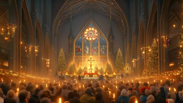 A bustling crowd of devotees gather inside a grand cathedral for a religious ceremony, A grand Christmas church scene with people holding lit candles