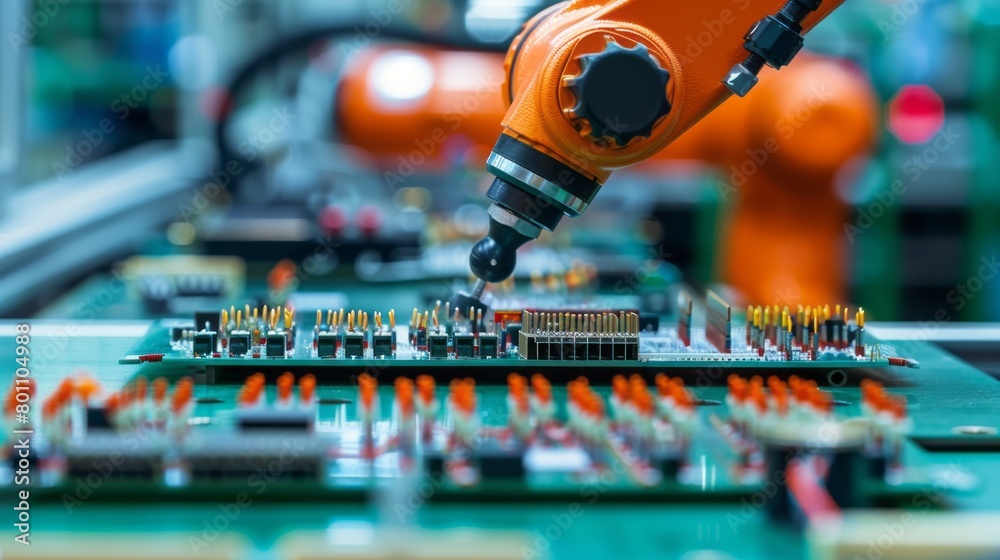 Poster close-up of a high-precision robot arm in a modern factory. production of electronic devices, automa