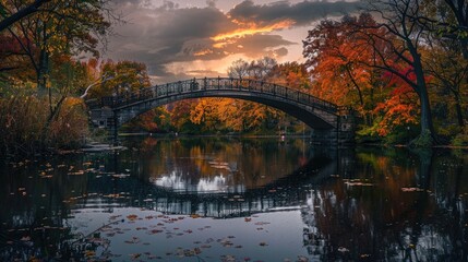 City Bridge at Sunset with Autumn Foliage Reflecting