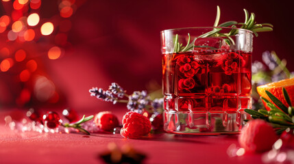 Royal red gin raspberry cocktail with juniper berries, star anise, rosemary and lavender. Adv concept. Generative AI