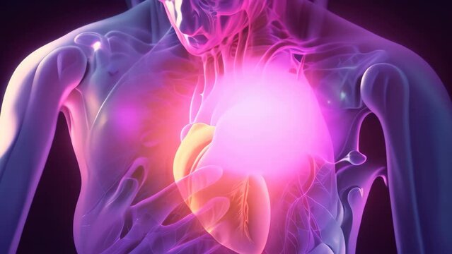 A person with a heart inside their chest, visualizing the human anatomy and the importance of cardiovascular health, A graphic illustration of a heart attack