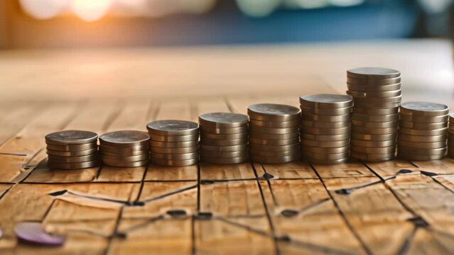 A neat pile of coins perched on a rustic wooden table, representing wealth and financial stability, A graph showing the increase in the cost of living over the last decade