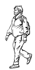 Unshaven shaggy adult walking man with belly and backpack, Vector sketch isolated, Hand drawn illustration