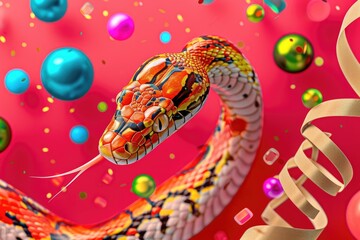Snake a symbol of 2025 year with Christmas tree toy ball in a shiny red festive background.
