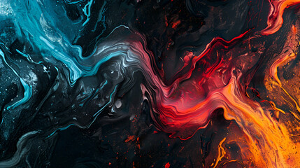 Abstract grainy poster background in black, blue, orange, and red with vibrant colour waves and...