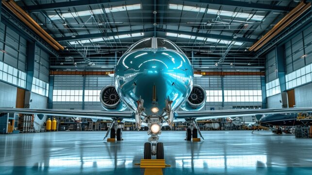 Business jet airplane is in airport hangar