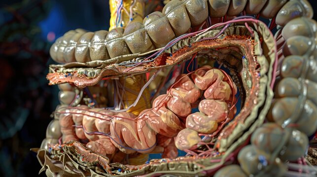 Detailed intestinal parts captured in high-res, labeled scientifically for educational use