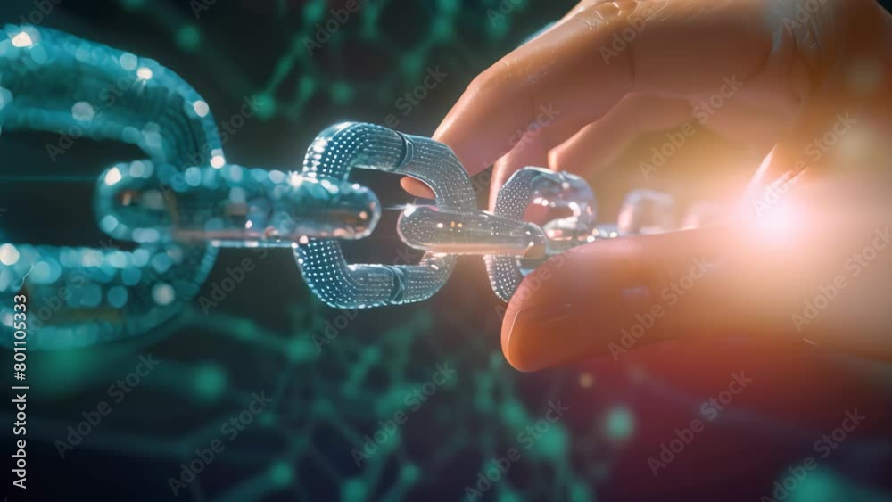Poster in this photo, a hand is shown gripping a chain, symbolizing the connection between technology and n