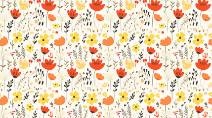A seamless pattern of hand-drawn flowers and leaves in a retro style.