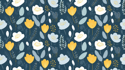 A seamless pattern of hand-drawn flowers and leaves in a whimsical style. The colors are bright and cheerful, and the pattern is perfect for spring and summer.