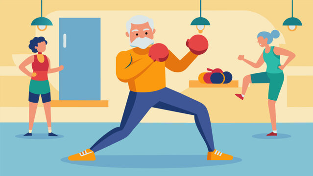 A senior citizen joining a lowimpact kickboxing class and experiencing the health benefits of staying active and building strength at an older