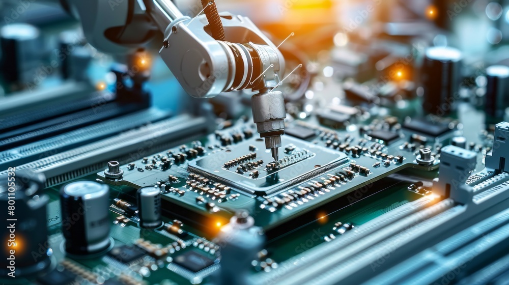Poster Close-up of a modern manipulator robot in a modern high-tech electronics factory. Manufacturing and Installation of components on an automated PCB assembly line