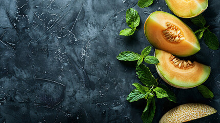 Sliced ripe melon with mint on dark textured table