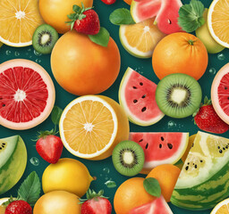 A variety of ripe and colourful fruits are haphazardly arranged on a wooden table. Oranges, watermelon slices, strawberries and kiwi are scattered, creating a visually appealing display.