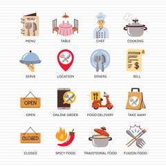 Colorful Restaurant Icons. Essentials. Set 1 of 4.