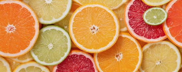 Slices of oranges, lemons and limes arranged in a chaotic pattern. 