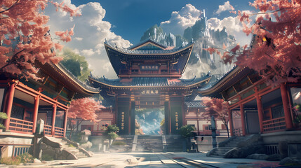  A majestic temple entrance in the style of Japanese, Asian, Chinese culture. Adorned with red plum...