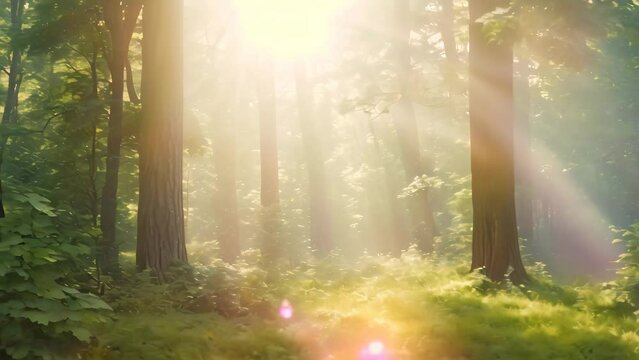 Vibrant sunlight filters through the lush canopy of trees, creating enchanting patterns of light and shadow, A hidden forest glade with sunlight filtering through the trees