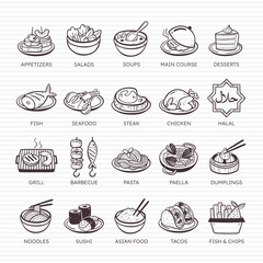 Restaurant Doodle Icons. International food. Set 4 of 4.