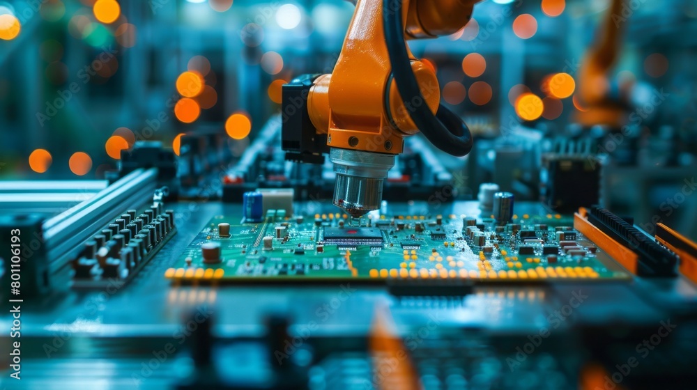 Poster close-up of a high-precision robot arm in a modern factory. production of electronic devices, automa