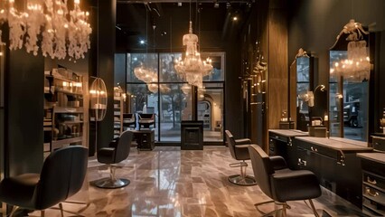 Elegant Salon With Chandeliers, Chairs, and Style, A high-end hair salon with plush interiors and chandeliers