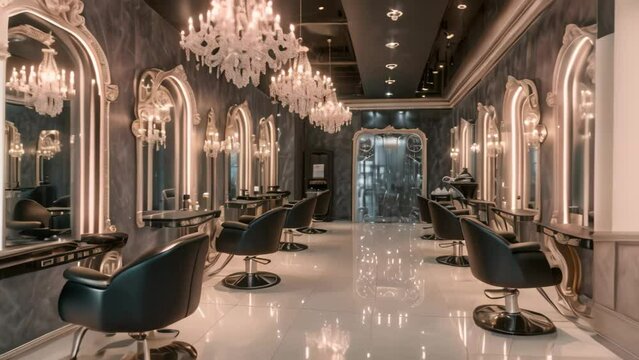 A well-lit room filled with numerous chairs and beautiful chandeliers, A high-end hair salon with plush interiors and chandeliers