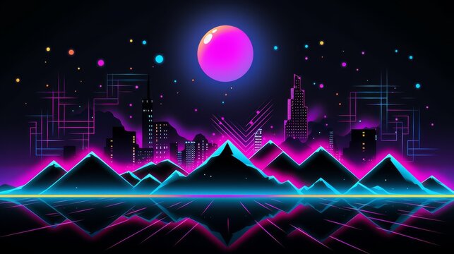Retro wave design with neon colors and a black background, perfect for 80s-themed parties or music event promotions,