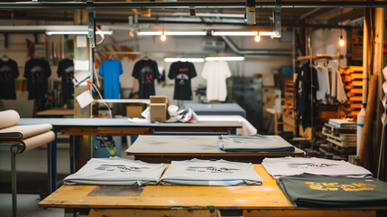 Chic printing gear in a print business depicting an array of t-shirts depicted over the printshop facility. Heat Transfer T Shirt Printing. Tshirt Merchandise. printing prints on T-shirts. 