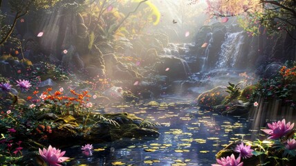 A beautiful, serene scene of a river with a waterfall and a lush green forest