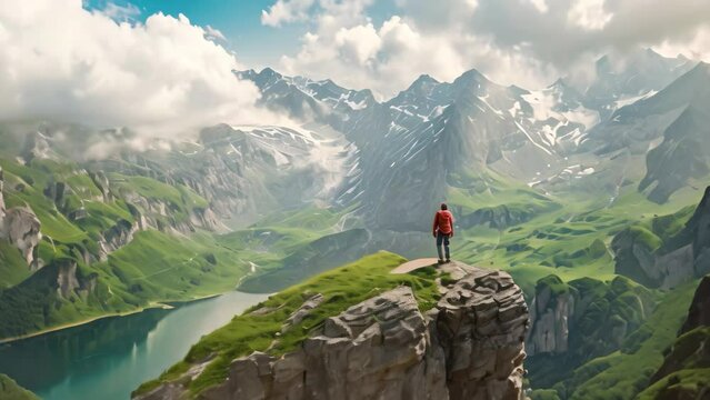 A man stands triumphantly on the peak of a majestic green mountain, taking in the breathtaking view, A hiker enjoying a stunning panoramic view