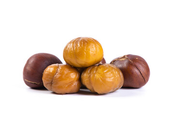 roasted peeled chestnut isolated on white background.